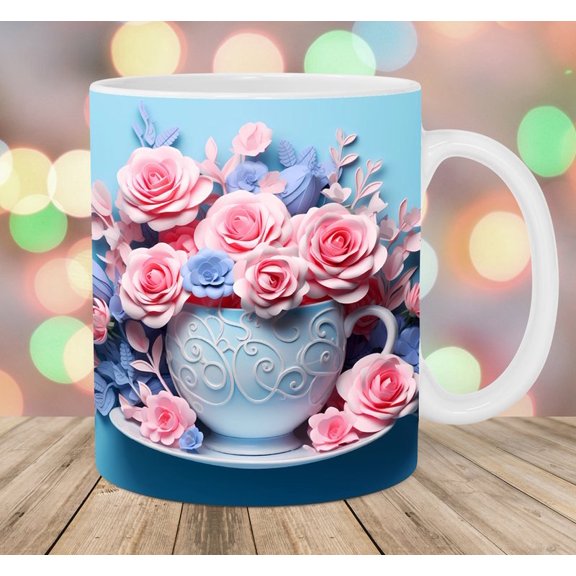 3D Coffee Cup Flowers 11Oz Mug, Double Side Printed White Coffee Mug Perfect Funny Gift For Everyone