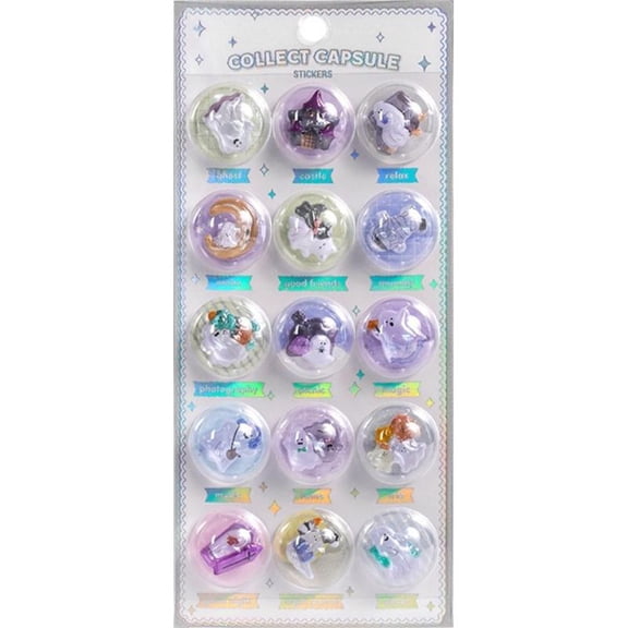 3D Collectible Capsule Sticker Sheet, Assorted Themes (Candy/Star Moon/Goblin), 7.9x3.5 Inch