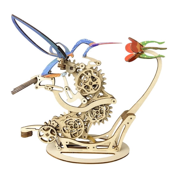 3D Colored Wooden Mechanical Hummingbird Model Kit with Music Box, 200+PCS DIY Assembly Puzzle, Gear-Driven Wings, Desktop Decor for Adults