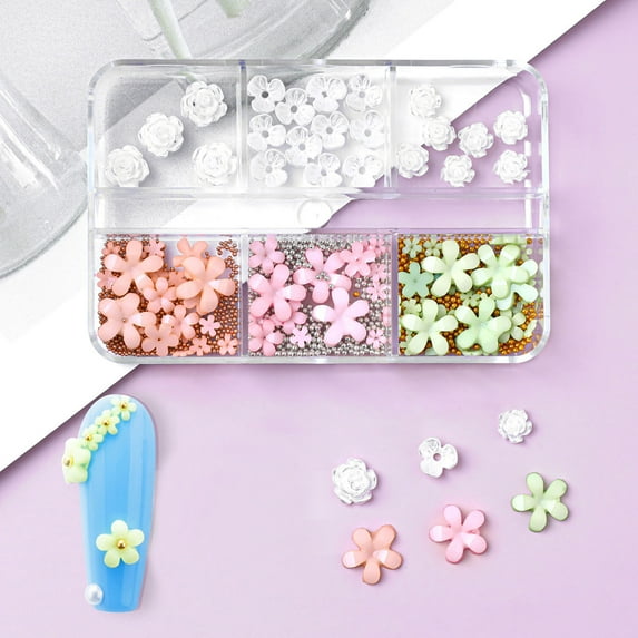 3D Colorful Flower Nail Charms,Flowers Acrylic Nail Charms with Metal Golden Round Beads for Nails Art DIY Accessories(6 Grids)