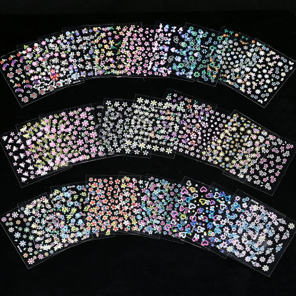 3D Colorful Flowers Cherry Blossoms Rose Daisy Nail Decals 20/30/60/70/90pcs Cute Heart Nail Sticker Manicure Decoration 5.5*6cm