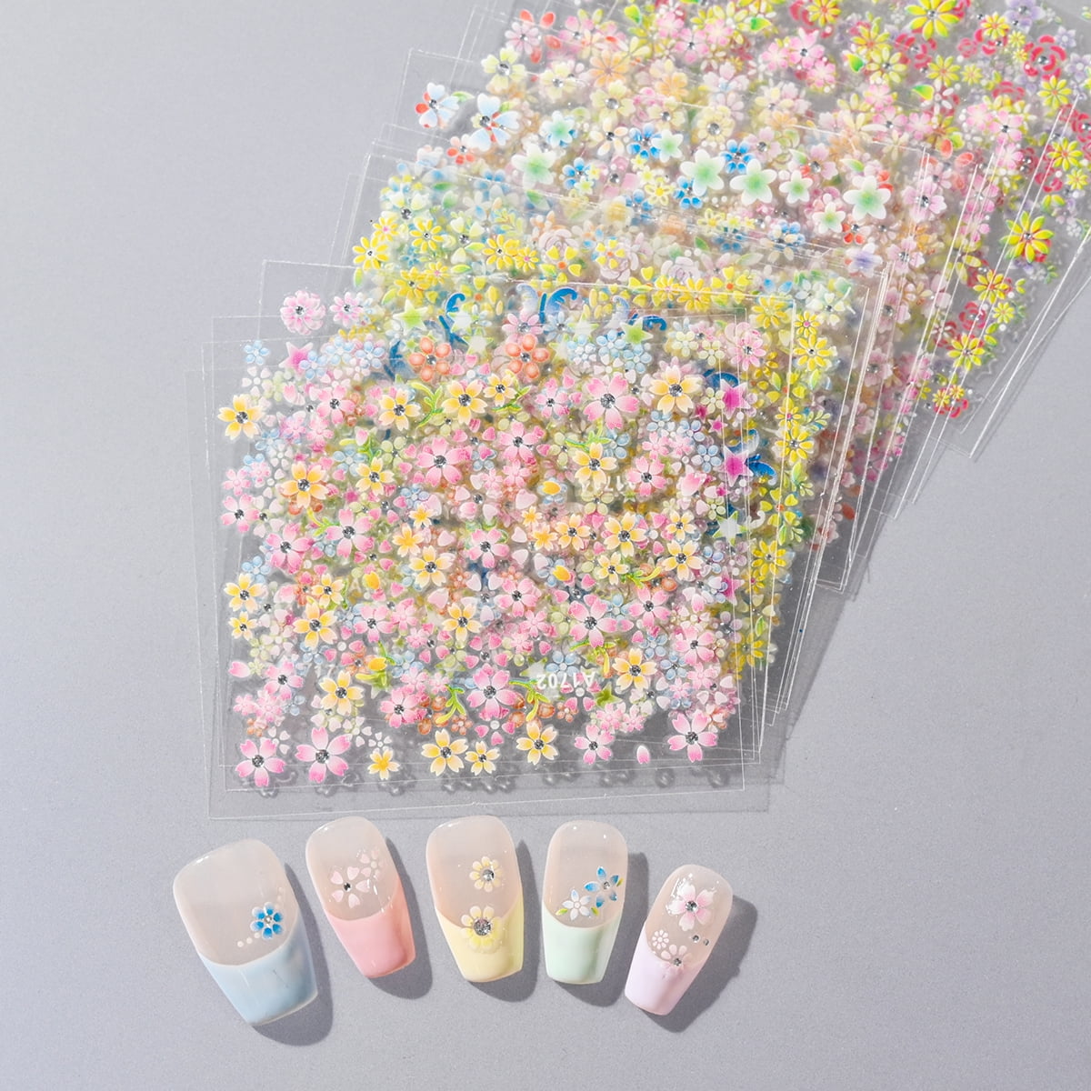 3D Colorful Flowers Cherry Blossoms Rose Daisy Nail Decals 20/30/60/70/90pcs Cute Heart Nail Sticker Manicure Decoration 5.5*6cm