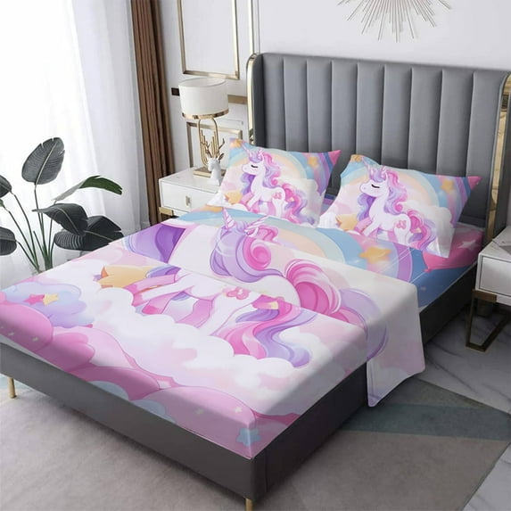 3D Colorful Unicorn Bedding Set, King Size Bed Set for Girls, 1 Fitted Sheet + 1 Flat Sheet +  2Pillow Case