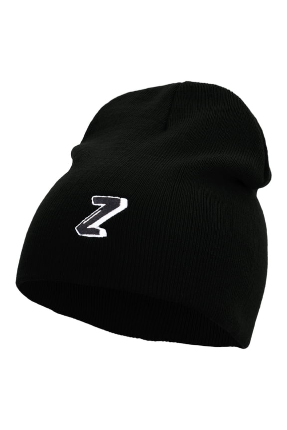 3D Comic Letter Z Embroidered 8 Inch Short Beanie - Black OSFM