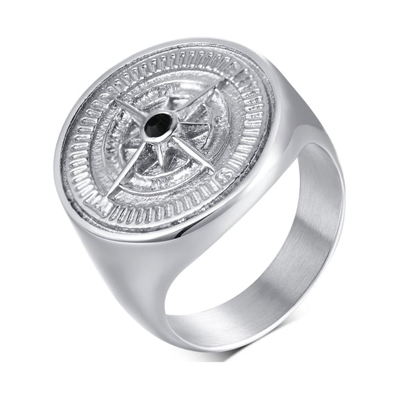 Vnox Men’s Chunky 3D Compass Ring - Heavy Round Top Signet Band Cool Punk Rock Stainless Steel Jewelry