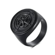3D Compass Rings for Men, Signet Finger Band, Cool Black Stainless Steel Jewelry
