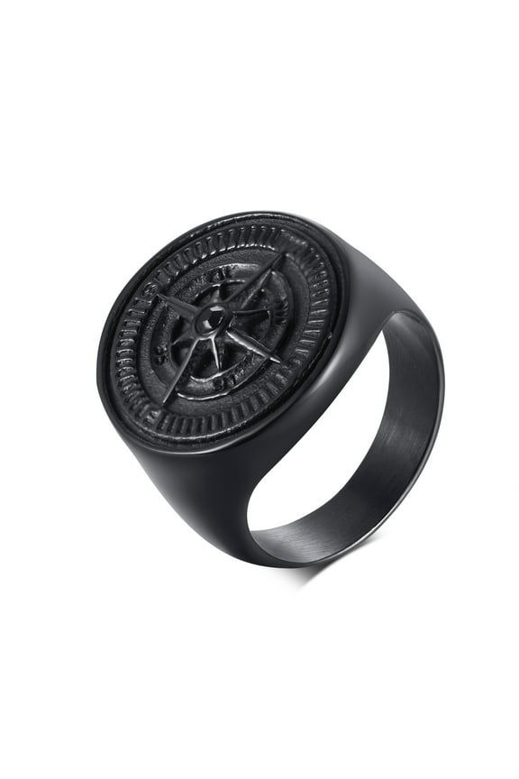 Men’s 3D Compass Signet Ring - Cool Black Stainless Steel Finger Band Jewelry