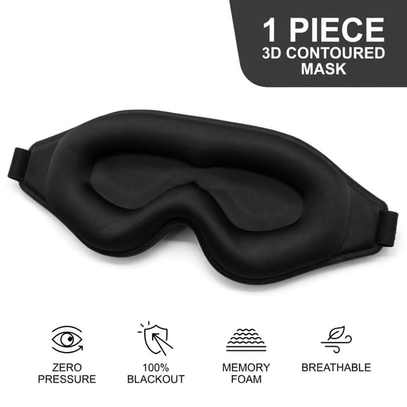 3D Contoured Sleep Eye Mask, Zero Eye Pressure Blackout Blindfold Memory Foam Eye Cover for Travel Nap Black