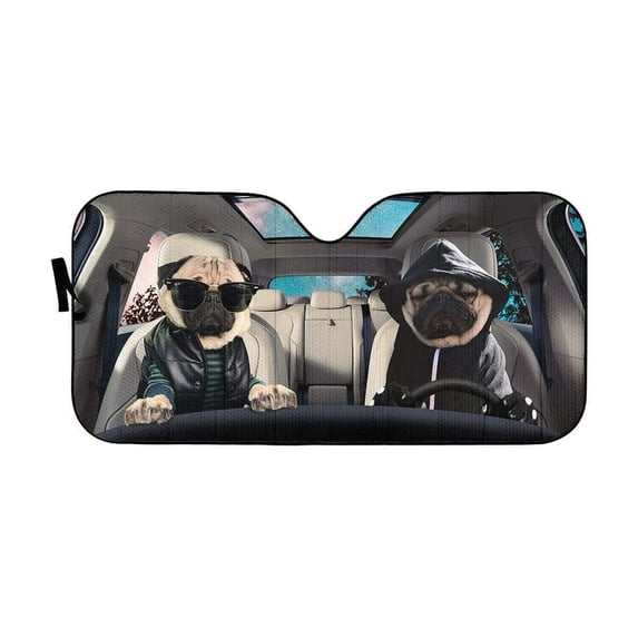 3D Cool Pug Couple Dogs Car Auto Sunshades Windshield Heat Protection, Dog Pet Lover Sun Shades Univeral Fit Cars Suv Truck . Car Decor Gifts For Dog Mom Dog Dad