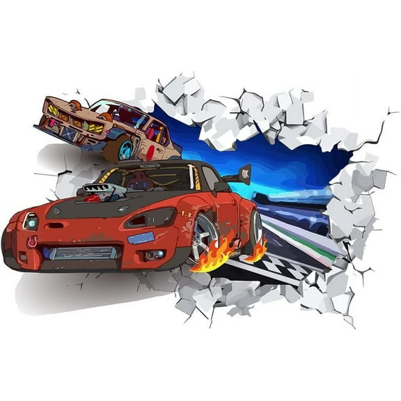 3D Cool Racing Car Wall Decal Colorful Track Racing Vinyl Wall Stickers Removable Peel and Stick Art for Children's Room Kids Room Playroom Livingroom Bedroom Decor Nursery Decoration