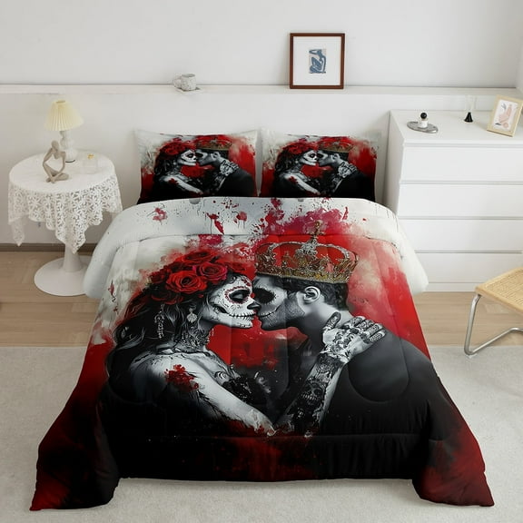 3D Couple Skull Bedding Set Queen Size,Romantic Gothic Lover Comforter Set,Rose Wedding Valentine'S Day Bedding Comforter Sets Horror Red Blood Print Duvet Insert for Adults
