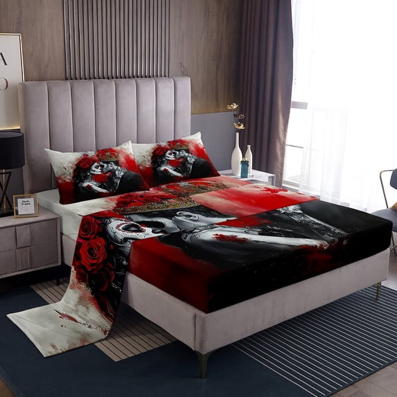 3D Couple Skull Sheet Set King Size,Romantic Gothic Lover Bed Sheets Set,Rose Wedding Valentine'S Day Sheets Horror Red Blood Print Flat Fitted Sheet for Adults