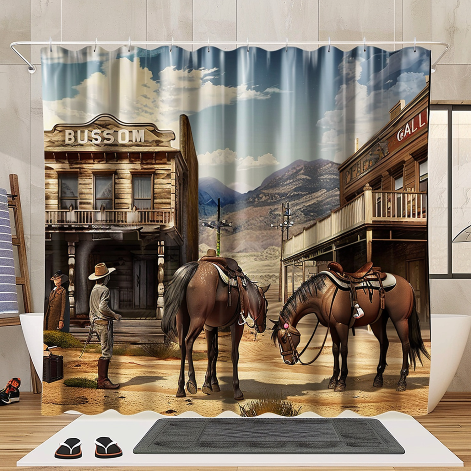 3D Cowboy Horse Saloon Scene Bathroom Curtain Set with Flip Flops