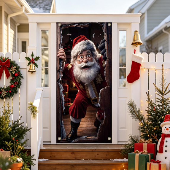 3D Crack Effect Santa Christmas Door Cover,70"X35" Funny Santa Breaking Wall Banner Backdrop for Indoor Outdoor Holiday Party Decor