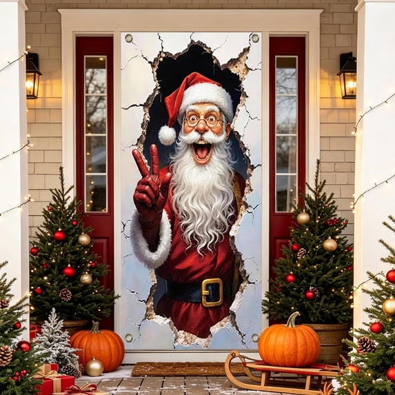 3D Crack Effect Santa Christmas Door Cover,70"X35" Funny Santa Breaking Wall Banner Backdrop for Indoor Outdoor Holiday Party Decor