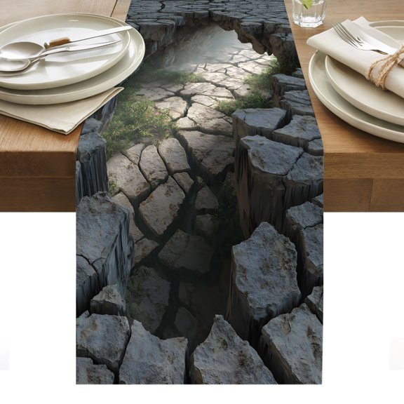3D Cracked Ground Table Runner Path Modern White Stone Surface Tablerunners 13 x 36 Inch, Table Decorations Tabletop Scarf for Summer Gathering Holiday Farmhouse Kitchen Dining Decor