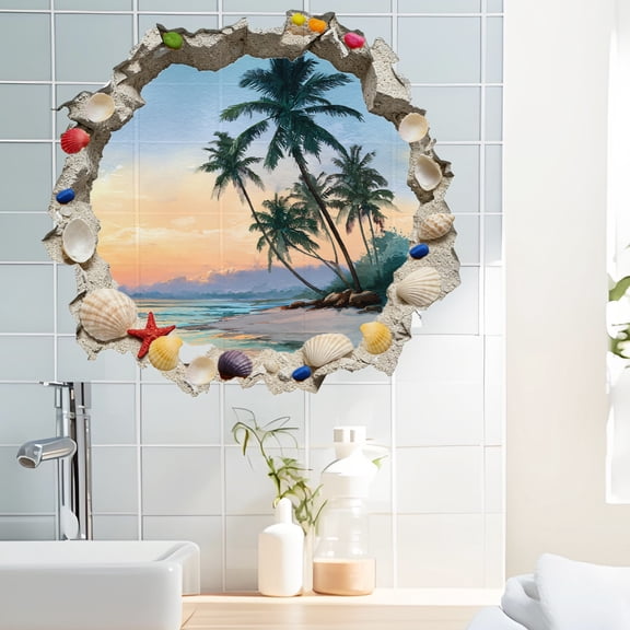 3D Cracked Wall Tropical Beach Sunset Wall Decal, Removable Seashell & Palm Tree Sticker for Bathroom & Home