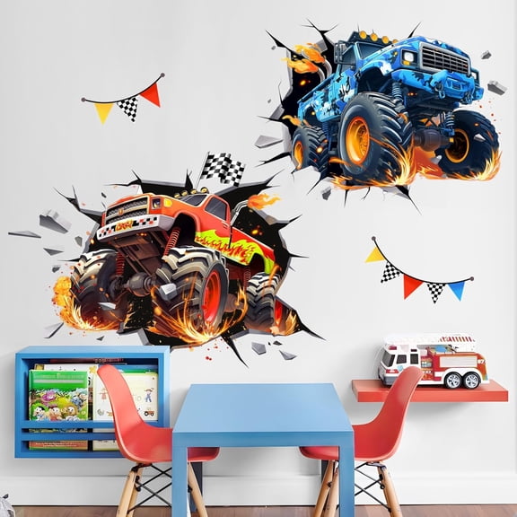 3D Crazy Racing Wall Decals, Truck Vehicles Wall Stickers Ball Games Peel and Stick Decal Self Adhesive Sticker for Boys Kids Room Home Decor
