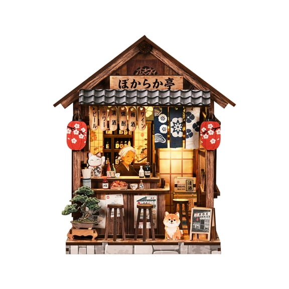 3D Creative Bookend DIY Wooden House Decorative Model Miniature Booknook Building Set Warm LED Lighting Hand Assembled Bookshelf Display Decor Gift For Adults- Yiran Izakaya