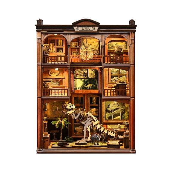 3D Creative Bookend DIY Wooden House Decorative Model Miniature Booknook Building Set Warm LED Lighting Hand Assembled Bookshelf Display Decor Gift For Adults- Fossil Museum