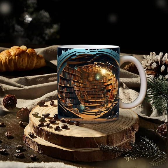3D Creative Space Design Bookshelf Ceramic Mug, Unique Coffee Mug, Study Room Decorative Ceramic Cup, Novelty Gift Mug for Bookworms, Home & Office Coffee Drinkware, Multicolour, 3.22*3.74in