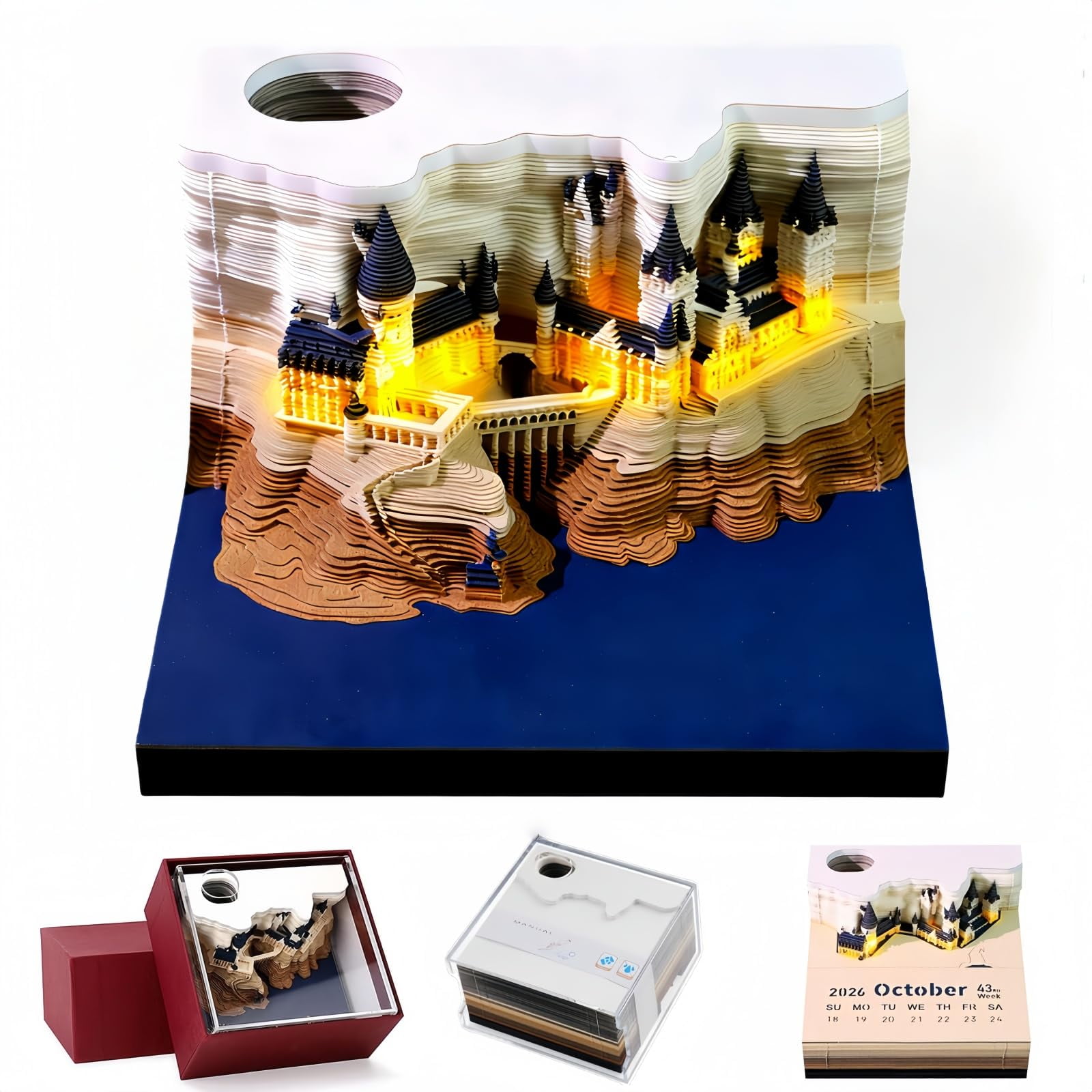 3D Creative Time Piece Calendar 2026 Desk Calendar,Magic Castle with LED Lights,Tear-Away Notepad,Paper Carving Art Craft Gift for Christmas