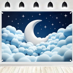 3D Crescent Moon Cloud Night Sky Photography Backdrop, Navy Blue Star Sky Photo Background for Newborn Baby Portrait & Nursery Decor 3x5ft