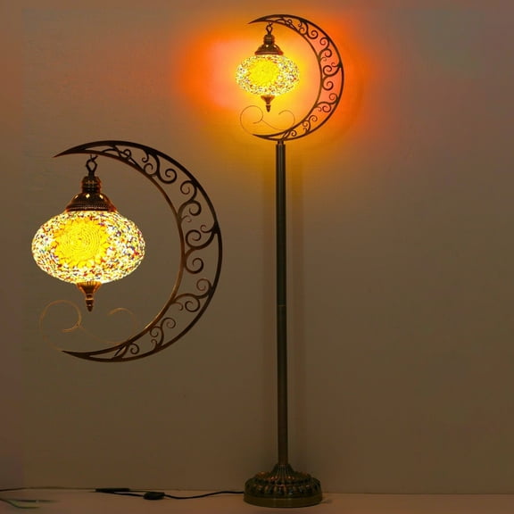 3D Crescent Moon Turkish Floor Lamp - 60 Inch Boho Lamp, 8 Inch Stained Glass Shade, Handmade for Living Room, Bulb Included