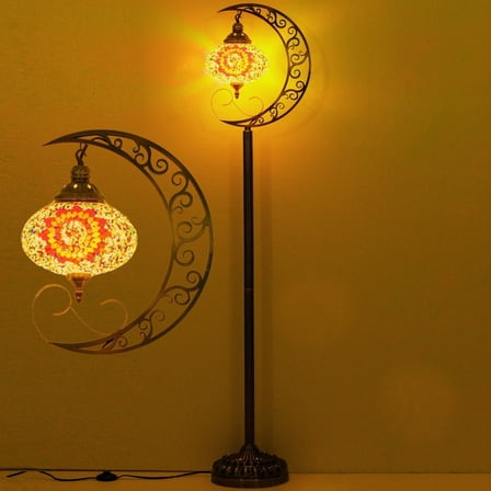 3D Crescent Moon Turkish Floor Lamp - 60 Inch Boho Lamp, 8 Inch Stained Glass Shade, Handmade for Living Room, Bulb Included