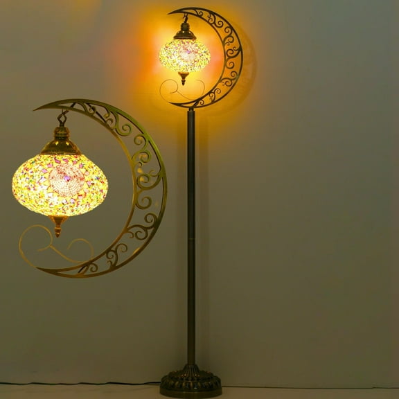 3D Crescent Moon Turkish Floor Lamp - 60 Inch Boho Lamp, 8 Inch Stained Glass Shade, Handmade for Living Room, Bulb Included