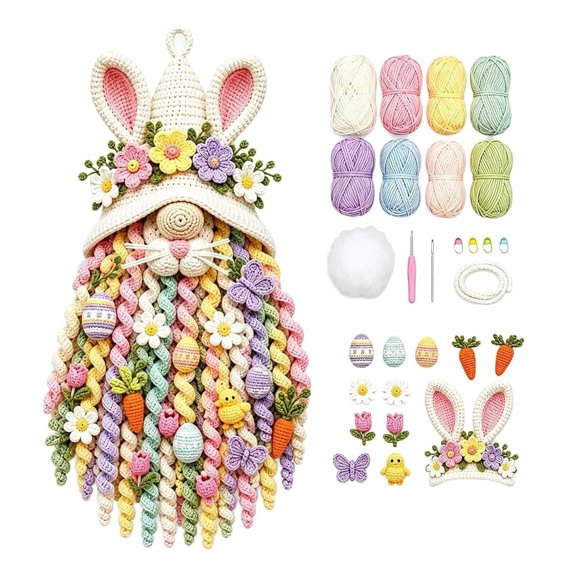 3D Crochet Kit Easter Bunny Door Hanger Craft Set with Yarn Hook for Beginners Adults Holiday Home Decor Gift