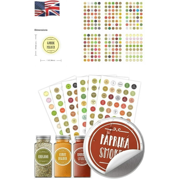 3D Crystal 240 Color-Coded Spice Labels, Waterproof Oil-Resistant Round 1.5" (38mm) Preprinted Stickers with Bonus: Free 40 Blank Stickers for Spice Jars; Kitchen Organization