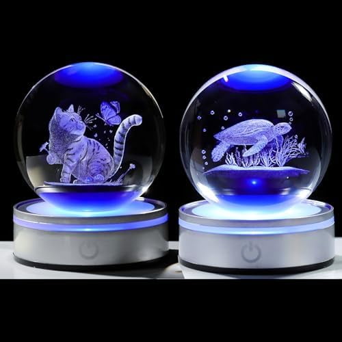 3D Crystal Ball Cat & Sea Turtle Gifts for Women Men, 3D Sea Theme Decor Statue Night Light, Laser Engraved Glass Animals Figurines Ornament Snow Globe Room Decorations Crafts