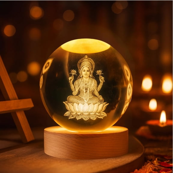 3D Crystal Ball Night Lamp, Engraved Goddess Lakshmi LED Light, Warm White | USB - Powered Table Lamp With Wooden Base | Elegant Home & Office Dcor, Bedroom, Anniversary, Birthday Gift