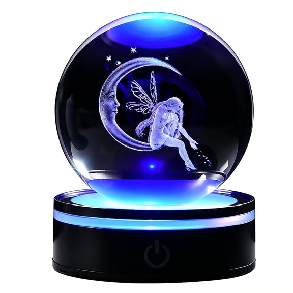 3D Crystal Ball Night Light, 3.15 Inch Moon Fairy Glass Globe with Round Multicolor LED Base, Color Changing Desk Lamp, Decor Night Light, Birthday Christmas Gift for Adults
