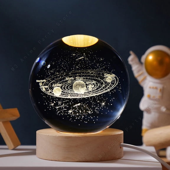 3D Crystal Ball Night Light, 5cm LED Saturn Lamp with Wooden Base, Decorative Glowing Galaxy Globe for Bedroom, Unique Space Theme Gift for Kids and Adults