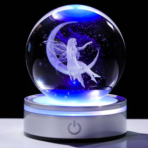 3D Crystal Ball Night Light with Silver Base, Laser Engraved Glass Snow Globe for Toom Decoration, Special Gift for Birthday, Christmas, Multiple Styles Available