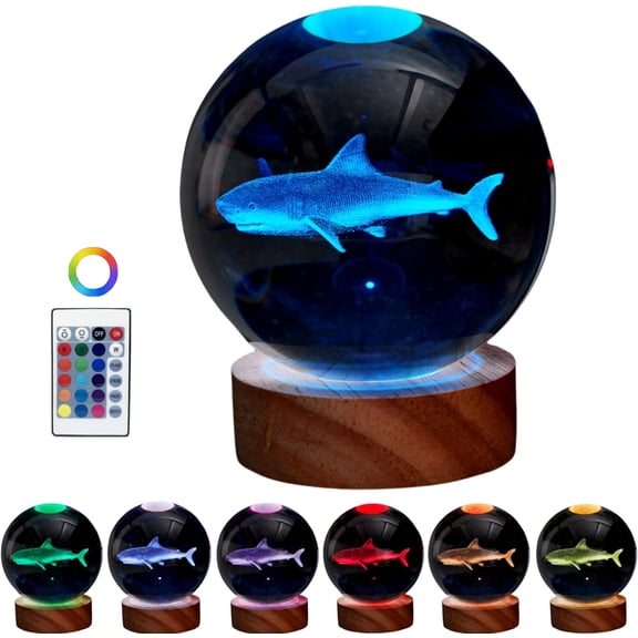 3D Crystal Ball Shark Lamp,Lifelike 3D LED Shark Night Light,16 Color Changing Light,Dimmable Remote Control
