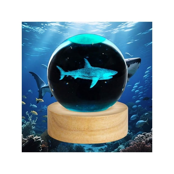 3D Crystal Ball Shark Night Light, Automatic Color Changing Ocean Theme Lamp with Light-Up Base, No Assembly, Ocean Life Home Decor Gift for Bedroom Living Room Office & All Holidays
