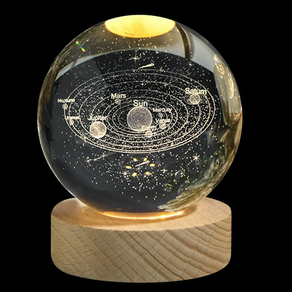 3D Crystal Ball Solar System Night Light Engraved Galaxy Sphere with LED Wooden Base USB Powered, Astronomy Gift Cosmic Planet Decoration for Bedroom Desk Office Home Decor Collectible