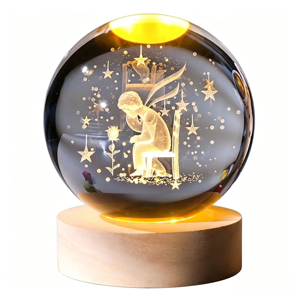 3D Crystal Decorative Balls, 8CM Laser Engraved Little Prince Figurine Glass Globe with Multicolor Wooden Base (Switch), Romantic Bedroom Desk Decor Gifts for Christmas Birthday