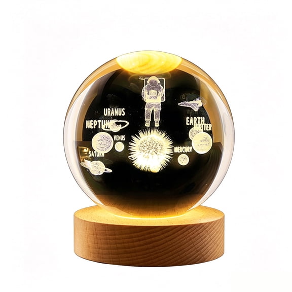 3D Crystal Decorative Balls, 8CM Laser Engraved Space Astronaut Figurine Glass Globe with Multicolor Wooden Base (Switch), Romantic Bedroom Desk Decor Gifts for Christmas Birthday