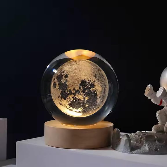 3D Crystal Moon Lamp, Engraved Crystal Ball LED Night Light With Wooden Base | Warm White, USB Powered Convenience | Ideal For Home & Office Dcor, Birthday Gift For Adults - Pack Of 2