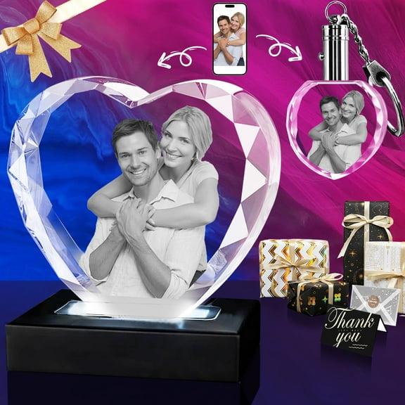 3D Crystal Photo Cut Corner Heart Shape Innovation Crystal Picture Personalized Gifts with Your Photo Customized Couples Pet Gifts with Colorful Light Base for Mom, Dad, Men, Women (Small Premuim)