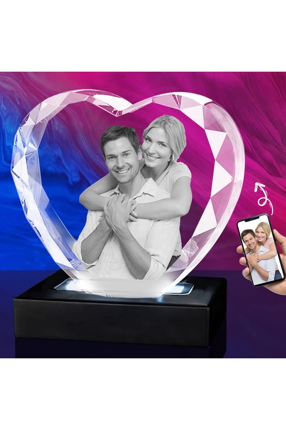 3D Crystal Photo Cut Corner Heart Shape Innovation Crystal Picture Personalized Gifts with Your Photo Customized Couples Pet Gifts with Colorful Light Base for Mom, Dad, Men, Women, Christmas (Small)