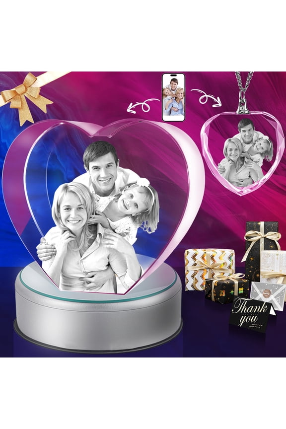 3D Crystal Photo Heart Shape Innovation Crystal Picture Personalized Gifts with Your Photo Customized Couples Pet Gifts with Colorful Light Base for Mom, Dad, Men, Women, Christmas (Medium Premuim)
