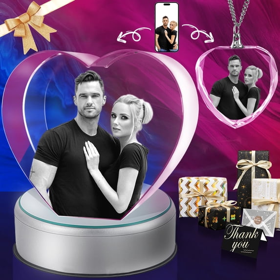 3D Crystal Photo Heart Shape Innovation Crystal Picture Personalized Gifts with Your Photo Customized Couples Pet Gifts with Colorful Light Base for Mom, Dad, Men, Women, Christmas (Small Premuim)