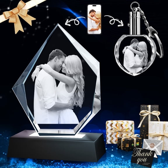 3D Crystal Photo and Keychain Iceberg Shape Innovation Crystal Picture Personalized Gifts with Your Photo Customized Couples Pet Gifts with Colorful Light Base (Small Premuim)