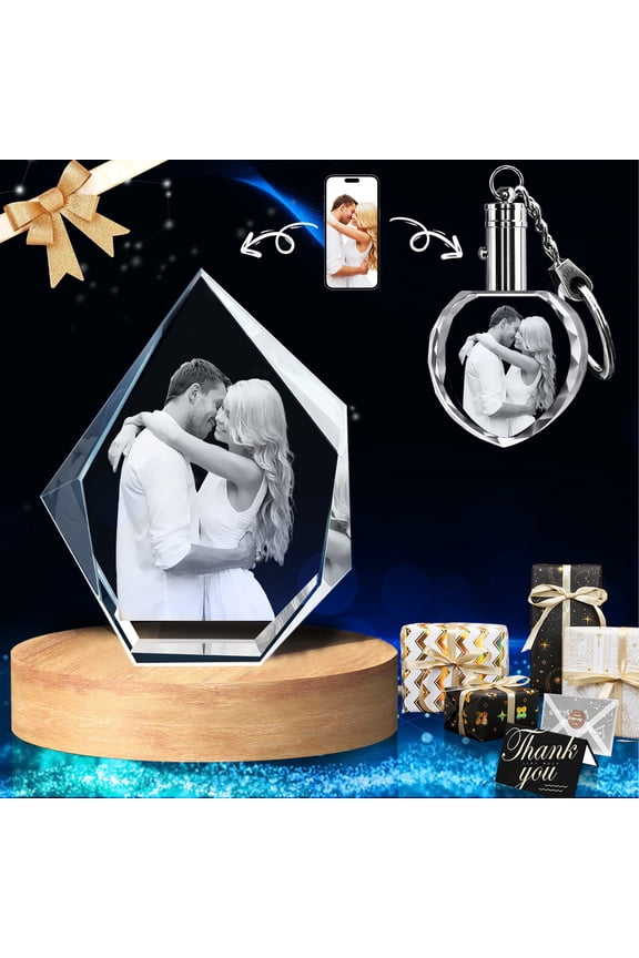 3D Crystal Photo and Keychain Iceberg Shape Innovation Crystal Picture Personalized Gifts with Your Photo Customized Couples Pet Gifts with Colorful Light Base (Small Premuim-B)