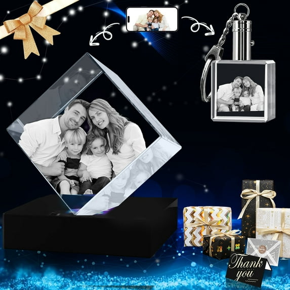 3D Crystal Photo and Keychain Square Shape Innovation Crystal Picture Personalized Gifts with Your Photo Customized Couples Pet Gifts with Colorful Light Base (Large Premuim)